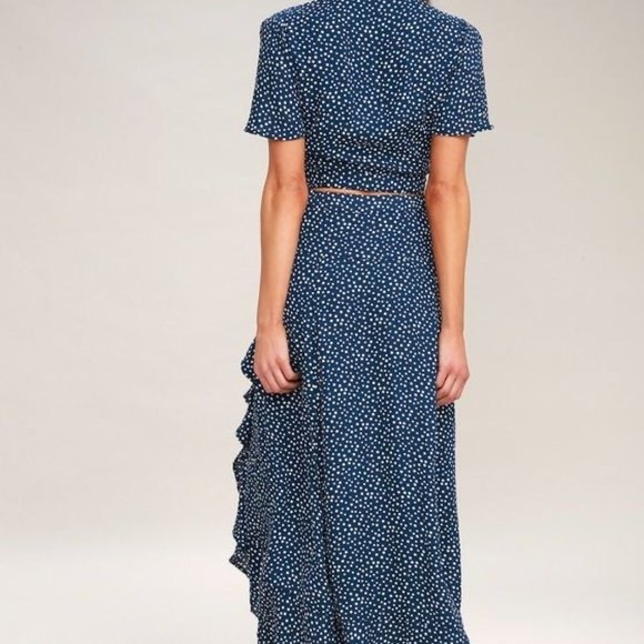 Lulus Girl Like You Navy Blue Polka Dot Two-Piece Maxi Dress SMALL - Picture 3 of 5